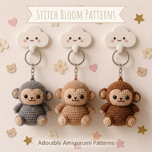 Può includere: Tre portachiavi a forma di scimmia all'uncinetto, grigi, beige e marroni, appesi a supporti bianchi a forma di nuvola. Ogni portachiavi ha un anello di metallo. L'immagine include il testo "Stitch Bloom Patterns" e "Adorable Amigurumi Patterns".