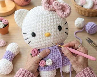 Crochet Kitty Plush Pattern, Kawaii Cat Amigurumi Tutorial, Heart Detail (PDF Pattern)