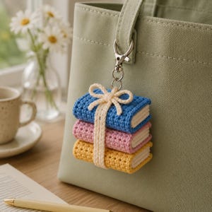 May include: A crochet keychain featuring a stack of three miniature books in blue, pink, and yellow, tied together with a cream-colored yarn ribbon. The stack is attached to a silver-toned metal lobster clasp hook hanging from a sage green tote bag.