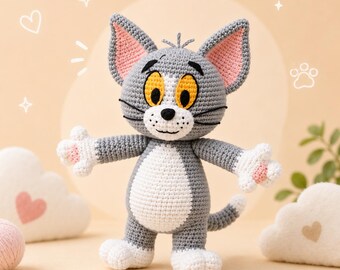 Virkmönster för Tom Cat i PDF-format | Handledning för tecknad Amigurumi-plysch (digital nedladdning)