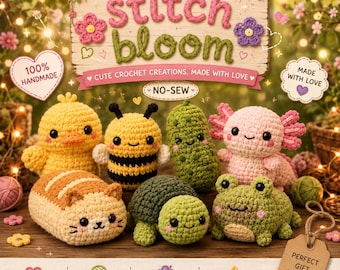 No-Sew Amigurumi Crochet Patterns | Bee, Frog, Turtle, Axolotl, Duck, Pickle Plush (PDF Download)