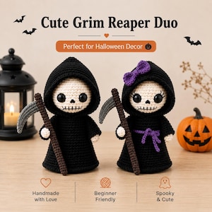 May include: Two crocheted grim reaper dolls with black hooded robes and white skull faces. One doll features a purple bow and a purple waist tie. Both dolls hold a small gray scythe with a brown handle. The text reads Cute Grim Reaper Duo.