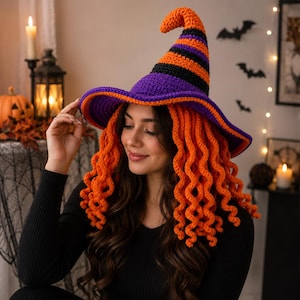 Virkat häxhattmönster, randig Halloween-amigurumi, trollkarldräkt med lockigt hår (PDF)