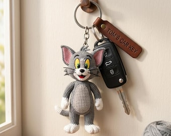 Crochet Tom Cat Keychain | Amigurumi Cartoon Cat Plush Bag Charm