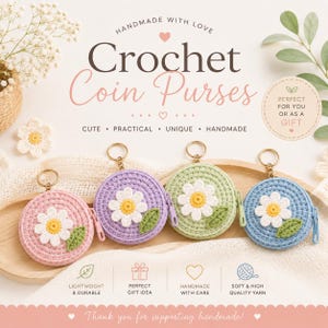 Crochet Daisy Coin Purse Keychain Pattern, Zipper Pouch PDF, Beginner Friendly Bag