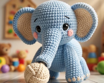 Handmade Crochet Elephant Amigurumi – Blue Baby Plush Toy, Kawaii Stuffed Animal Gift