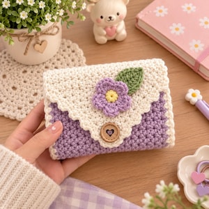 Può includere: Un piccolo portafoglio rettangolare all'uncinetto con corpo color lavanda e patta smerlata color crema. La patta è decorata con un'applicazione floreale viola con centro giallo e una foglia verde. Un bottone in legno con intaglio a cuore.