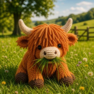 May include: A handmade crochet Highland cow plush toy, featuring a shaggy orange mane, beige horns, and a light brown snout. The cow is sitting in a field of green grass, with a sprig of grass in its mouth. The background includes a tree and a wooden fence.