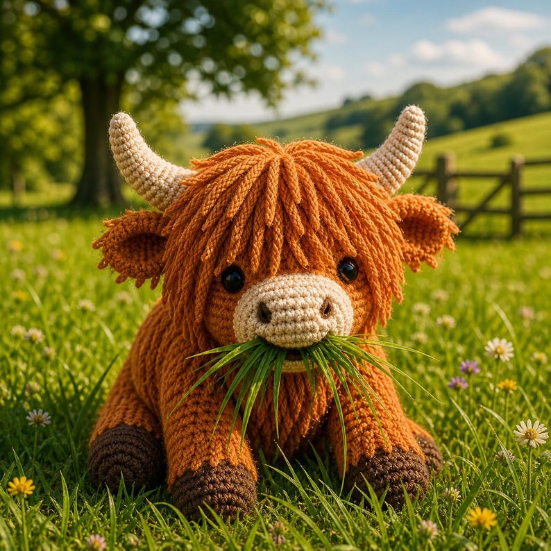 May include: A handmade crochet Highland cow plush toy, featuring a shaggy orange mane, beige horns, and a light brown snout. The cow is sitting in a field of green grass, with a sprig of grass in its mouth. The background includes a tree and a wooden fence.