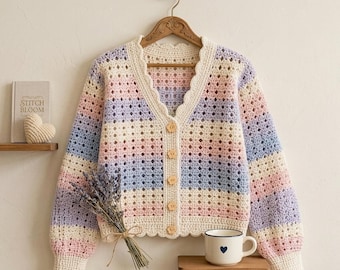 Hand-Crochet Pastel Stripe Cardigan – Boho Knitwear with Flower Buttons