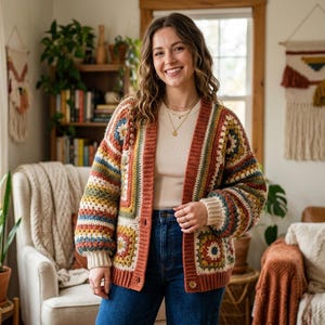 May include: A colorful, handmade crochet cardigan with a button-up front. The sweater features a patchwork design with squares in shades of rust, cream, blue, green, and yellow. The sleeves have a striped pattern, and the cardigan is worn over a cream-colored top.