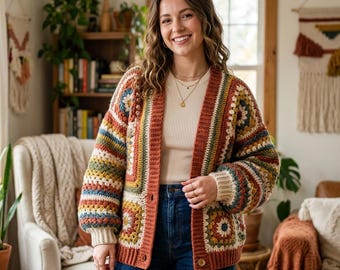 Cárdigan de ganchillo estilo Boho Grandma Square – Chaqueta de punto con retazos coloridos al estilo Cottagecore