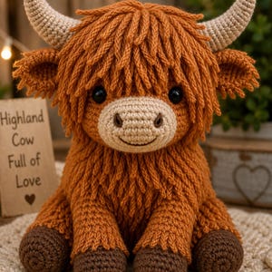 May include: A handmade crochet Highland cow plushie in shades of brown and tan. The plushie has a shaggy, textured body, large horns, and a smiling face. The text on the sign reads "Highland Cow Full of Love".