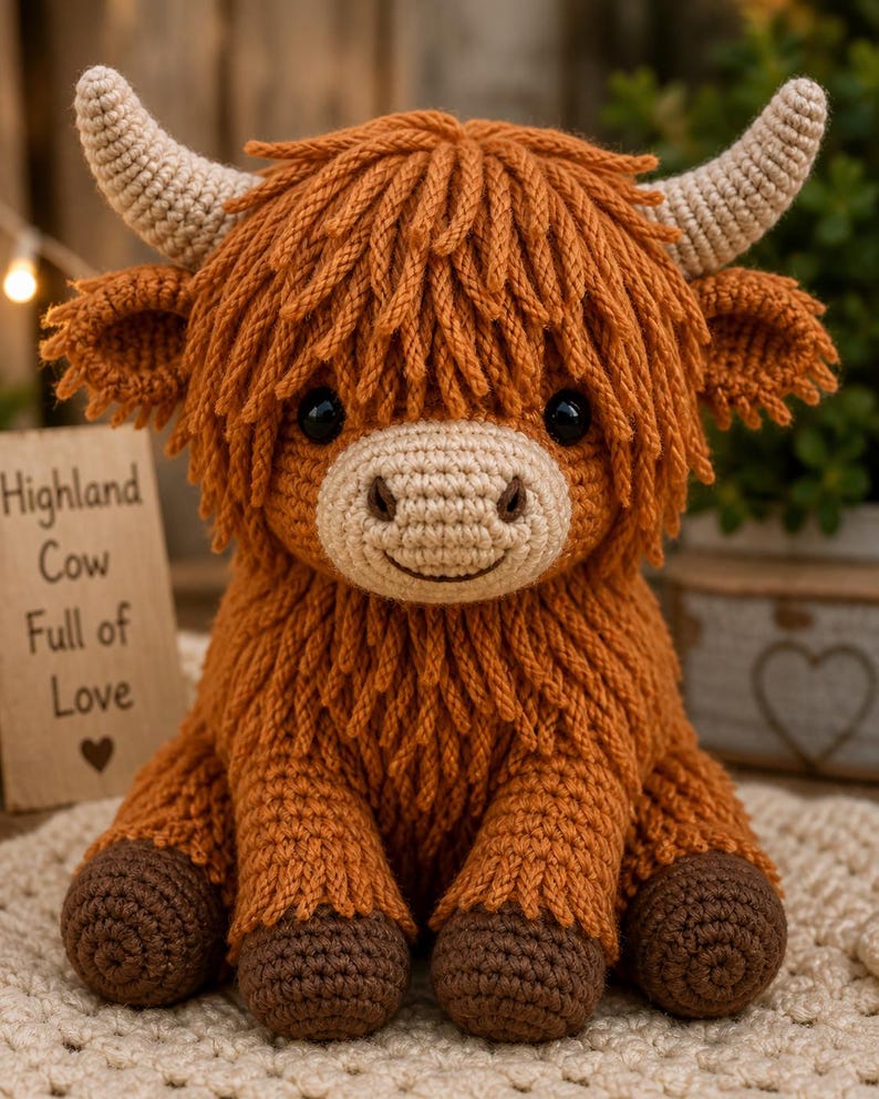 May include: A handmade crochet Highland cow plushie in shades of brown and tan. The plushie has a shaggy, textured body, large horns, and a smiling face. The text on the sign reads "Highland Cow Full of Love".