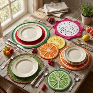 May include: A wooden table set with crocheted fruit-themed placemats, including watermelon, orange, lemon, lime, and dragon fruit designs. Each place setting has a plate, silverware, and fresh fruit. A small potted herb and folded napkins are also present.