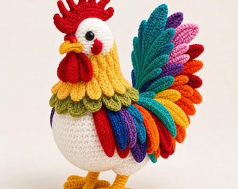 Handmade Crochet Colorful Rooster Amigurumi | Farmhouse Decor Stuffed Toy | Boho Home Decor | Stitch Bloom