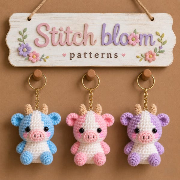 Crochet Cow Keychain Pattern Bundle - Kawaii Amigurumi PDF for Animal Keyrings (Digital Download)