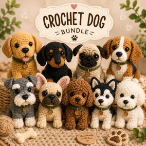 May include: A collection of eight crocheted dog figurines in various breeds and colors, each wearing a green collar with a small circular tag. The display features a sign reading CROCHET DOG BUNDLE, a small crocheted bone, and a paw print tag.