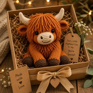 May include: A crocheted Highland cow plush toy in a gift box. The plush is orange with a beige face, horns, and a brown lower body. The box is decorated with a ribbon and a tag that reads "Just a little Highland Cow to say... You're Special!" and "Made with Love".