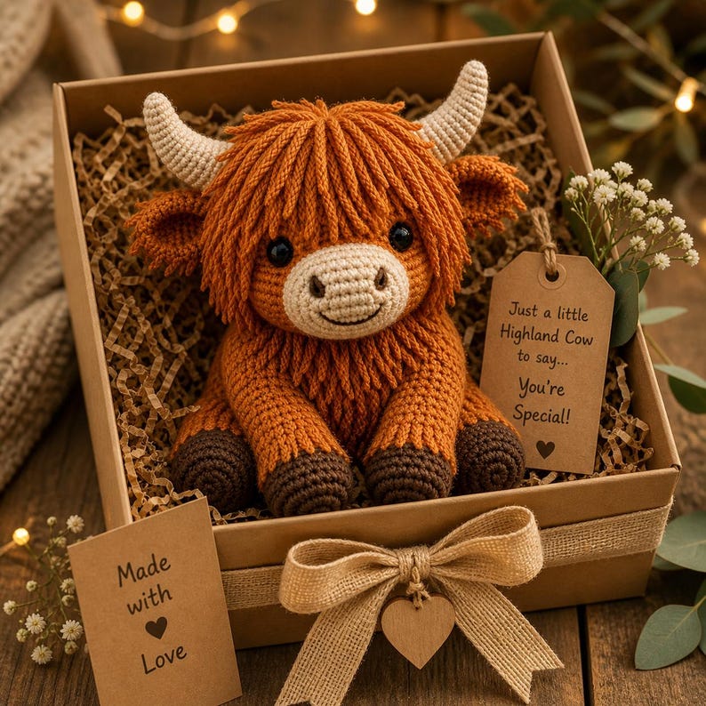 May include: A crocheted Highland cow plush toy in a gift box. The plush is orange with a beige face, horns, and a brown lower body. The box is decorated with a ribbon and a tag that reads "Just a little Highland Cow to say... You're Special!" and "Made with Love".