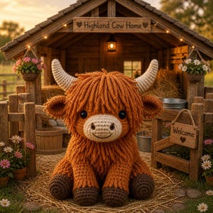 May include: A crocheted Highland cow plush toy with a shaggy, orange-brown coat, sitting in front of a wooden structure. The toy has large, black eyes, a cream-colored muzzle, and cream-colored horns. A sign reads "Highland Cow Home".