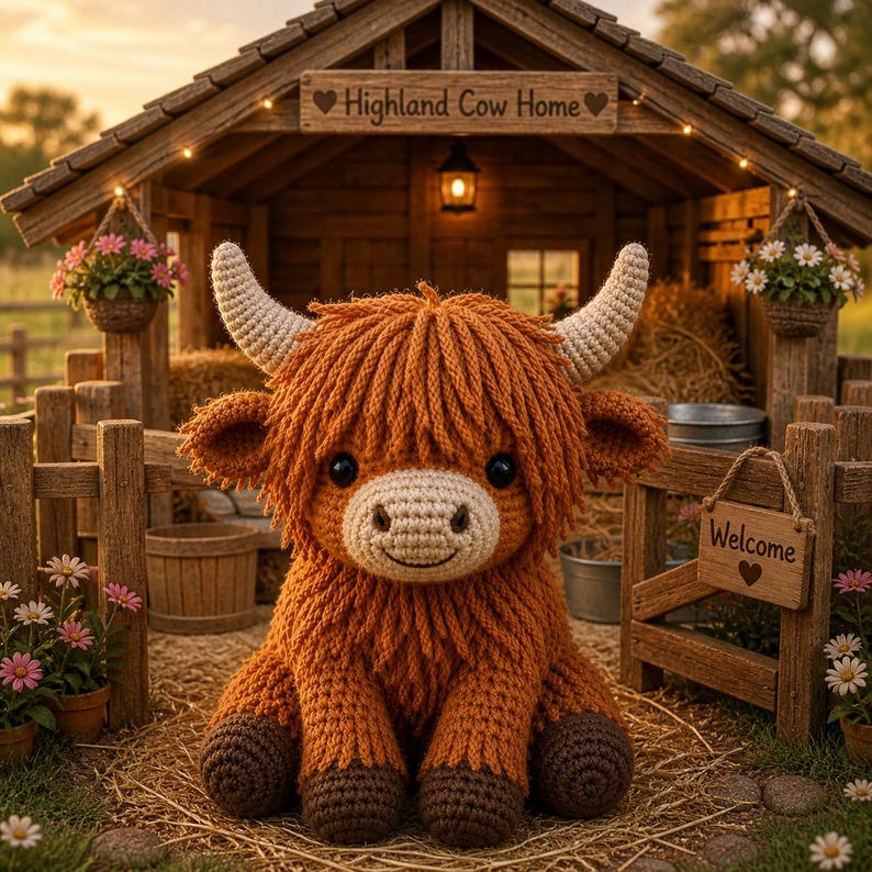 May include: A crocheted Highland cow plush toy with a shaggy, orange-brown coat, sitting in front of a wooden structure. The toy has large, black eyes, a cream-colored muzzle, and cream-colored horns. A sign reads "Highland Cow Home".