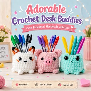 May include: Three handmade crochet desk buddies: a white fox, a pink pig, and a teal frog, each holding pens. The fox has orange and black accents, the pig has a pink snout, and the frog has black eyes. The text "Adorable Crochet Desk Buddies" is at the top.