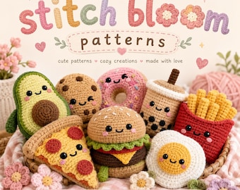 Amigurumi Food Crochet Patterns Bundle, Kawaii Burger Pizza Fries Donut (PDF Download)