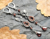 Infinity Earrings - Sterling Silver Garnet Oak Leaf Earrings - Autumn Gemstone Jewelry - Nature inspired Pagan Witch - Oxidized Silver 925