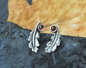 Daragh Stud Earrings - Sterling Silver Garnet Oak Leaf - Autumn Gemstone Jewelry - Nature inspired Pagan Witch Jewelry - Oxidized Silver 925