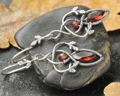 Maeve Earrings - Sterling Silver Garnet Oak Leaf Earrings - Autumn Gemstone Jewelry - Celtic Pagan Witch Jewelry - Oxidized Silver 925