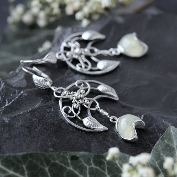 Niamh Elven Prehnite Earrings - Sterling Silver Crescent Moon Lunar Earrings - Fantasy Fairy Celtic Jewelry - Moon Goddess - Silver 925