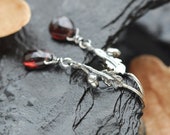 Daragh Earrings - Sterling Silver Garnet Oak Leaf - Autumn Gemstone Jewelry - Nature inspired Pagan Witch Jewelry - Oxidized Silver 925