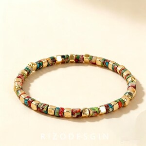 Bohemian Imperial Jasper Beaded Bracelet, Colorful Stone & Gold Accent Stretch Bangle 16-18.5cm