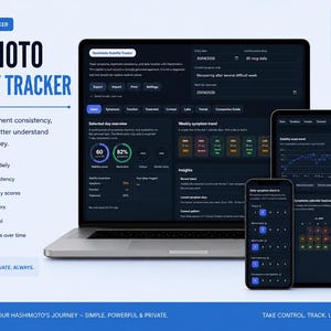 Puede incluir: Interfaz digital de seguimiento de la salud, etiquetada como "Hashimoto Stability Tracker", que se muestra en un portátil, una tableta y un smartphone. La interfaz muestra la visualización de datos, el seguimiento de síntomas y el control de la consistencia del tratamiento.