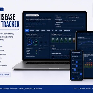 Peut inclure: Interface numérique d'un suivi de santé pour la maladie de Graves, affichée sur un ordinateur portable, une tablette et un smartphone. L'interface bleu foncé affiche des graphiques, des données et du texte, dont le titre "Graves Disease Stability Tracker".
