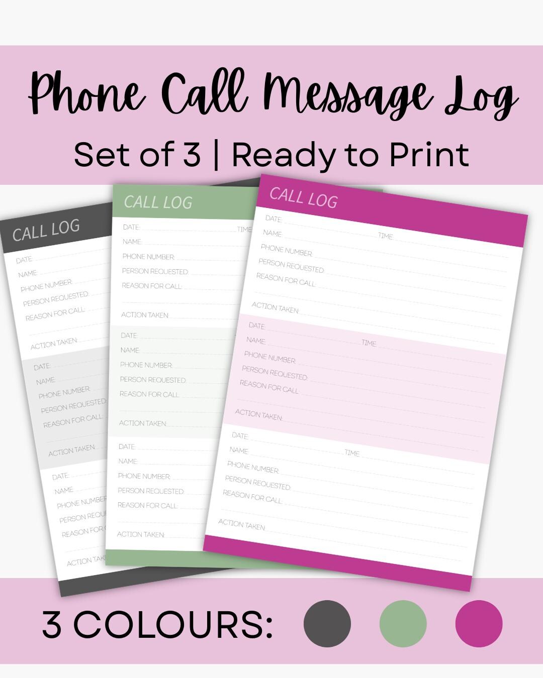 Set of 3 Call Log, Printable Phone Call Tracker (green Pink Grey ...