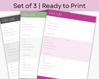 Juego de 3 registros de llamadas, rastreador de llamadas telefónicas imprimible (verde, rosa, gris, descarga digital)