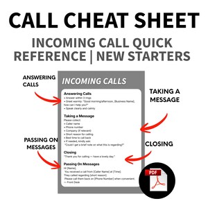 Puede incluir: Gráfico en blanco y negro con el texto "CALL CHEAT SHEET" y "INCOMING CALL QUICK REFERENCE | NEW STARTERS". La hoja proporciona una referencia rápida para responder llamadas, tomar mensajes, pasar mensajes y cerrar llamadas. Un icono PDF está en la parte inferior derecha.