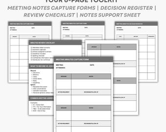 Notas de reunión imprimibles / Plantilla de actas de reunión / Lista de verificación para el registro y revisión de decisiones