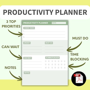 May include: A light green productivity planner with the title "PRODUCTIVITY PLANNER" at the top. The planner includes sections for 3 top priorities, 3 main tasks, urgent tasks, tasks that must be done, tasks that can wait, time blocking, and notes. A PDF icon is in the bottom right.
