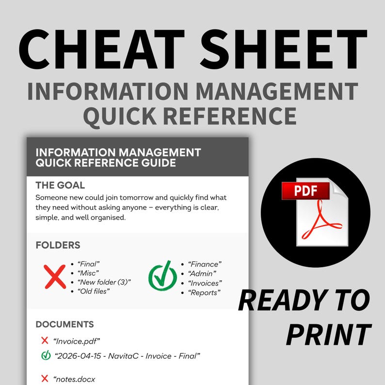 May include: A black and white graphic with the text "CHEAT SHEET" and "INFORMATION MANAGEMENT QUICK REFERENCE." The image includes a guide with a list of folders and documents, and a PDF icon. The words "READY TO PRINT" are also visible.