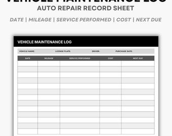 Vehicle Maintenance Log | Auto Repairs & Service | Printable