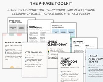 Aviso de limpieza de oficina / 15 minutos para reorganizar el espacio de trabajo, lista de verificación de limpieza de primavera y póster imprimible de bingo de oficina