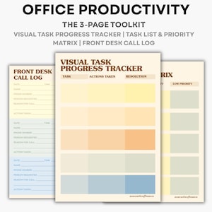 May include: A three-page office productivity toolkit PDF featuring a visual task progress tracker, a task list and priority matrix, and a front desk call log. The documents use a cream background with sections in yellow, orange, blue, and green.