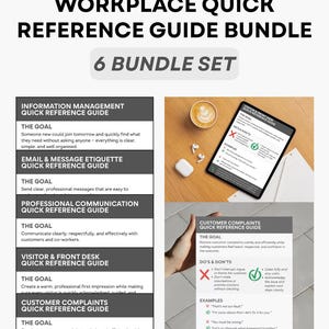 May include: A Workplace Quick Reference Guide Bundle with six sets. The image shows a bundle of guides with titles like "Information Management," "Email & Message Etiquette," and "Customer Complaints." A tablet, coffee, and earbuds are also visible.