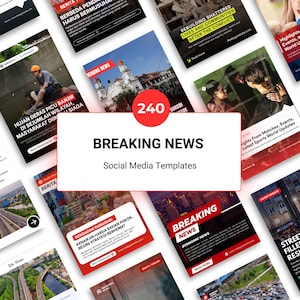 Op de afbeelding: Een verzameling social media-sjablonen met de tekst "BREAKING NEWS" en "Social Media Templates". De sjablonen behandelen verschillende nieuwsgerelateerde onderwerpen, waaronder sport, economie en lokale evenementen. Een rode cirkel toont het nummer "240".