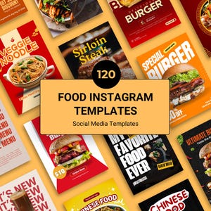 Puede incluir: Una colección de 120 plantillas de Instagram con temática de comida. Las plantillas presentan imágenes de hamburguesas, fideos, bistec y otros platos. Las plantillas están diseñadas para marketing en redes sociales e incluyen superposiciones de texto.