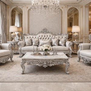 Luxe zilveren gesneden bankstel in Italiaanse stijl 3+1+1 met tafel en 2 bijzettafels