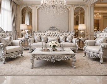 Luxury Italian Style Silver Carved Sofa Set 3+1+1 with Center Table + 2 side table